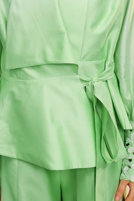 Shop_Sakshi Khetterpal_Green Chanderi Silk, Cotton, Muslin Kiwi Wrap Around Blazer And Pants Set _Online_at_Aza_Fashions