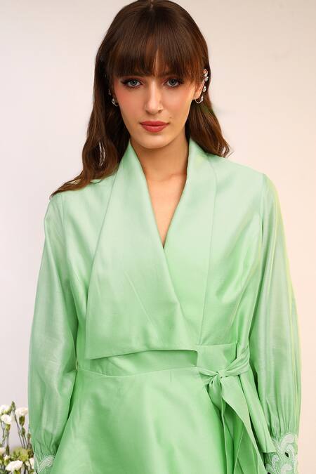 Sakshi Khetterpal_Green Chanderi Silk, Cotton, Muslin Kiwi Wrap Around Blazer And Pants Set _at_Aza_Fashions