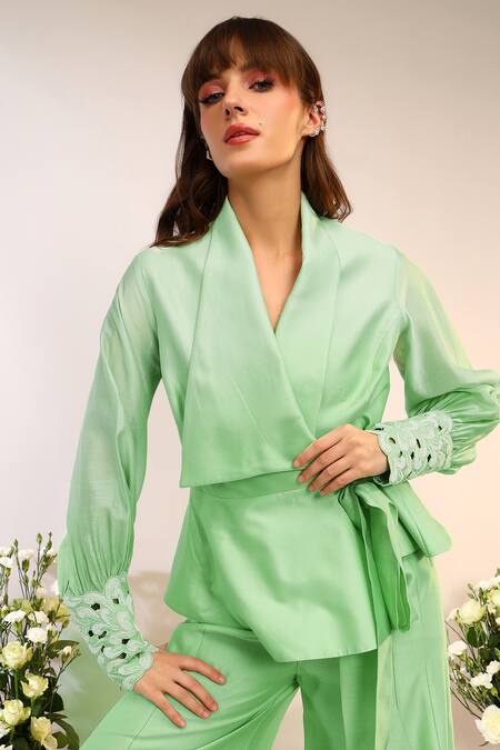 Buy_Sakshi Khetterpal_Green Chanderi Silk, Cotton, Muslin Kiwi Wrap Around Blazer And Pants Set 