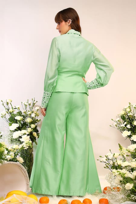 Shop_Sakshi Khetterpal_Green Chanderi Silk, Cotton, Muslin Kiwi Wrap Around Blazer And Pants Set _at_Aza_Fashions