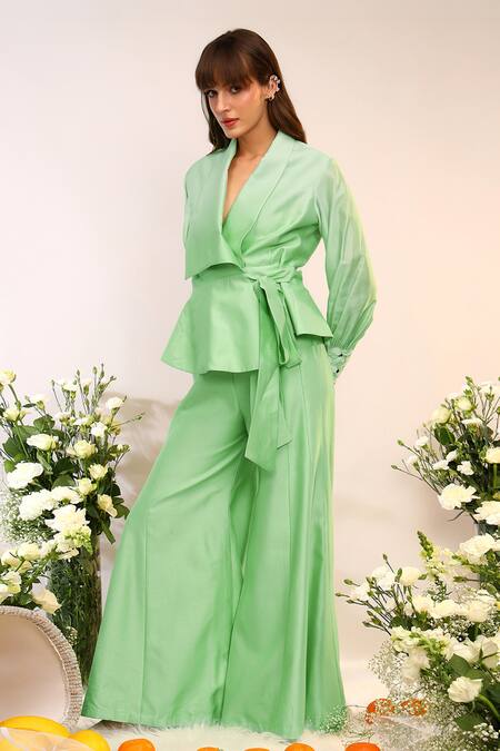 Shop_Sakshi Khetterpal_Green Chanderi Silk, Cotton, Muslin Kiwi Wrap Around Blazer And Pants Set 