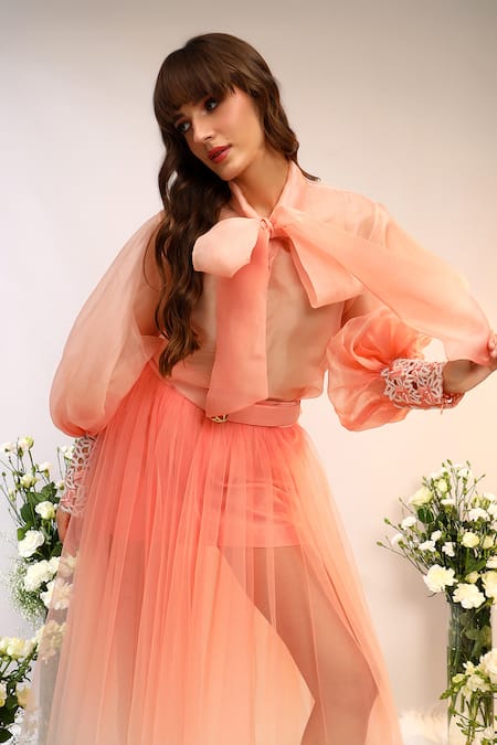 Shop_Sakshi Khetterpal_Peach Organza, Net, Tulle Embroidery Bandeau Neck Tie Up Shirt And Skirt _Online_at_Aza_Fashions