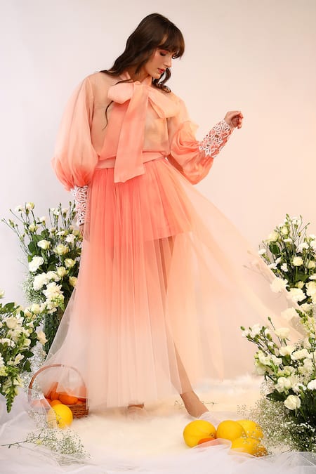 Shop_Sakshi Khetterpal_Peach Organza, Net, Tulle Embroidery Bandeau Neck Tie Up Shirt And Skirt _at_Aza_Fashions