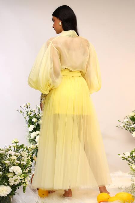 Shop_Sakshi Khetterpal_Yellow Organza, Tulle Embroidery Bandeau Neck Tie Up Shirt And Skirt Set _at_Aza_Fashions