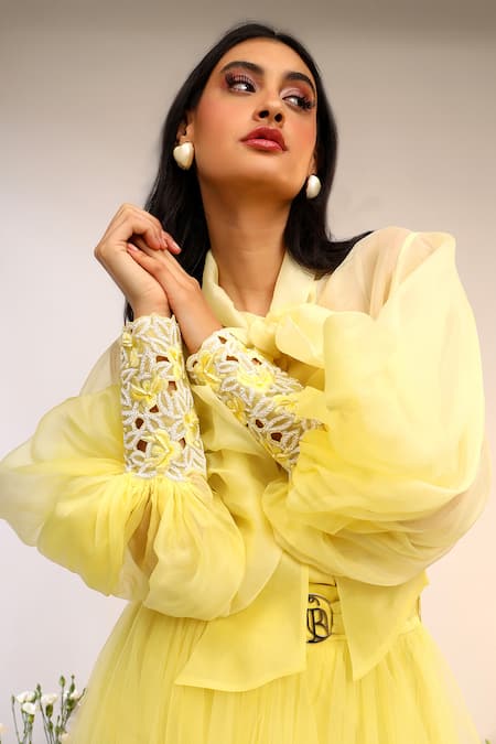 Buy_Sakshi Khetterpal_Yellow Organza, Tulle Embroidery Bandeau Neck Tie Up Shirt And Skirt Set _Online_at_Aza_Fashions