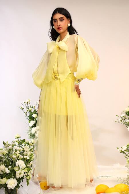 Shop_Sakshi Khetterpal_Yellow Organza, Tulle Embroidery Bandeau Neck Tie Up Shirt And Skirt Set _Online_at_Aza_Fashions