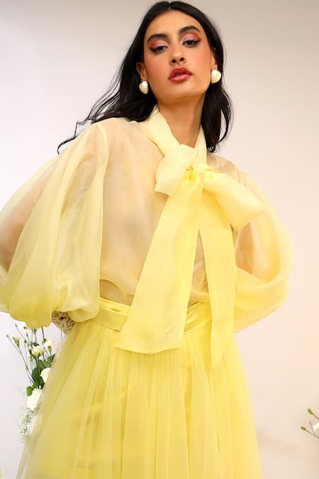 Sakshi Khetterpal_Yellow Organza, Tulle Embroidery Bandeau Neck Tie Up Shirt And Skirt Set _at_Aza_Fashions