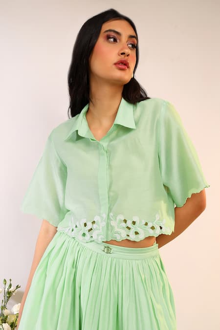 Buy_Sakshi Khetterpal_Green Chanderi Silk Embroidery Collared Kiwi Cropped Shirt And Gathered Skirt _Online_at_Aza_Fashions