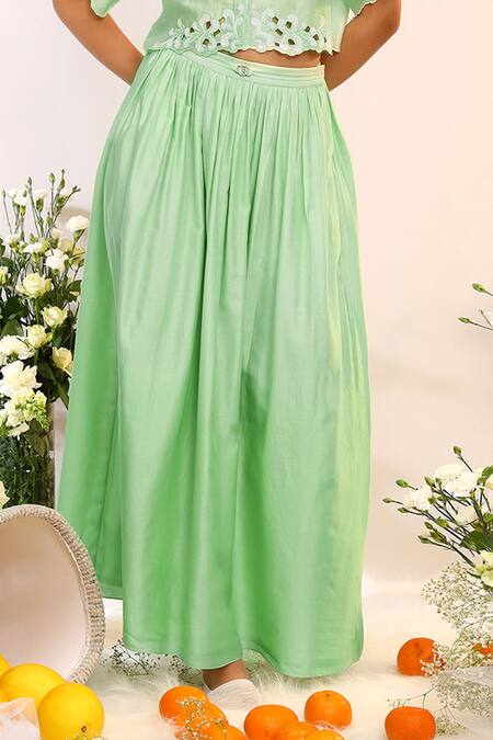 Shop_Sakshi Khetterpal_Green Chanderi Silk Embroidery Collared Kiwi Cropped Shirt And Gathered Skirt _Online_at_Aza_Fashions
