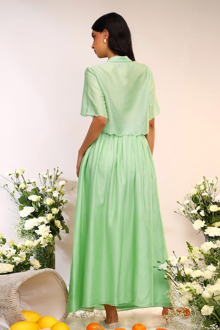 Shop_Sakshi Khetterpal_Green Chanderi Silk Embroidery Collared Kiwi Cropped Shirt And Gathered Skirt _at_Aza_Fashions