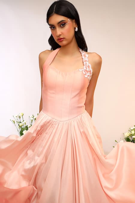 Sakshi Khetterpal_Peach Chanderi Silk Embroidery Halter Neck Midi Dress _Online_at_Aza_Fashions
