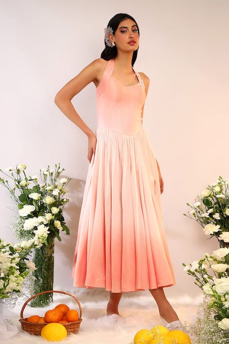 Sakshi Khetterpal_Peach Chanderi Silk Embroidery Halter Neck Midi Dress _at_Aza_Fashions