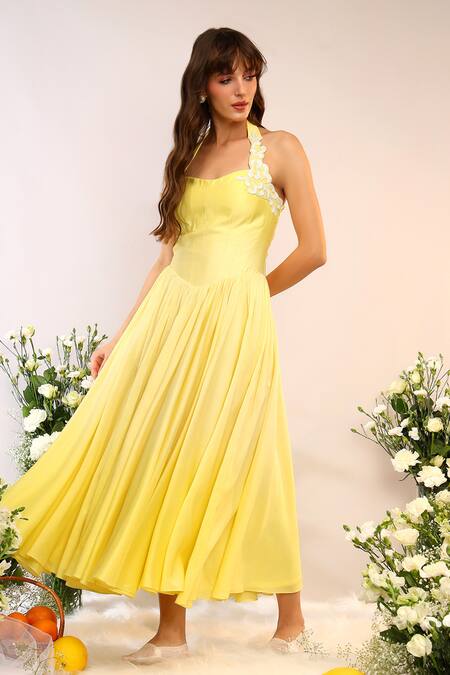 Sakshi Khetterpal_Yellow Chanderi Silk Embroidery Halter Neck Citrus Burst Midi Dress _at_Aza_Fashions