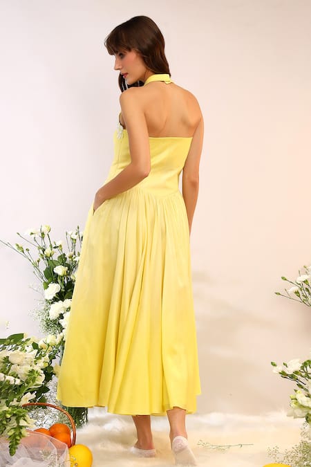 Shop_Sakshi Khetterpal_Yellow Chanderi Silk Embroidery Halter Neck Citrus Burst Midi Dress _at_Aza_Fashions