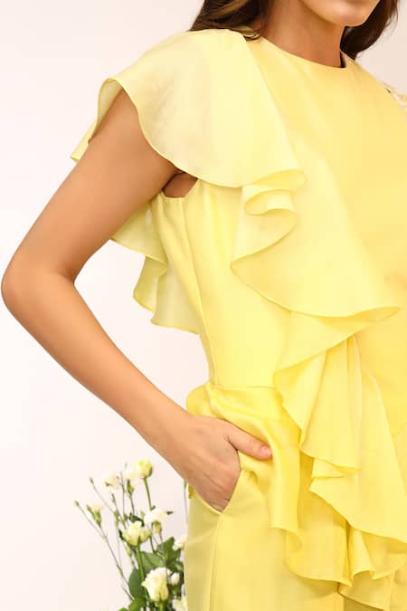 Sakshi Khetterpal_Yellow Chanderi Silk Embroidery Round Double Layer Ruffle Detailed Midi Dress _Online_at_Aza_Fashions