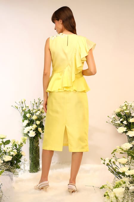 Shop_Sakshi Khetterpal_Yellow Chanderi Silk Embroidery Round Double Layer Ruffle Detailed Midi Dress _at_Aza_Fashions