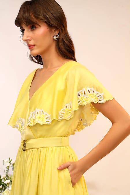 Sakshi Khetterpal_Yellow Chanderi Silk, Maheshwari Embroidery V-neck Frill Midi Dress _at_Aza_Fashions
