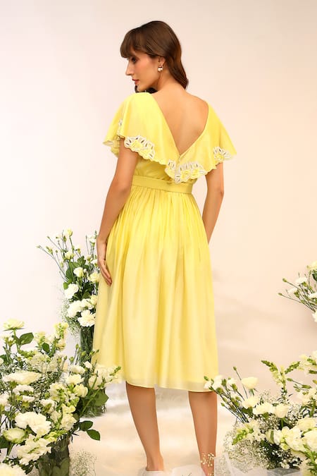 Shop_Sakshi Khetterpal_Yellow Chanderi Silk, Maheshwari Embroidery V-neck Frill Midi Dress _at_Aza_Fashions