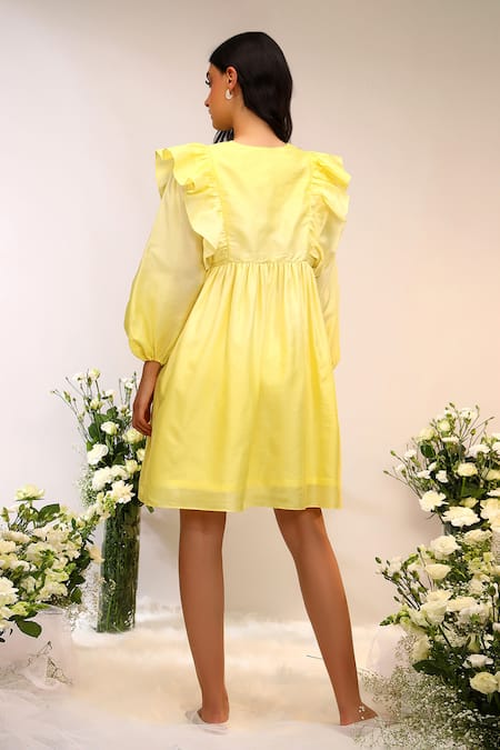 Shop_Sakshi Khetterpal_Yellow Chanderi Silk, Maheshwari Embroidery V-neck Floral Tie Up Dress _at_Aza_Fashions