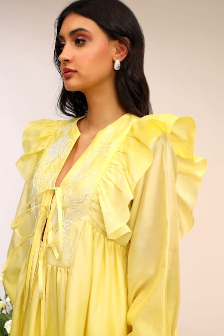 Buy_Sakshi Khetterpal_Yellow Chanderi Silk, Maheshwari Embroidery V-neck Floral Tie Up Dress _Online_at_Aza_Fashions