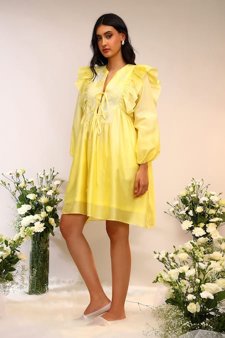 Shop_Sakshi Khetterpal_Yellow Chanderi Silk, Maheshwari Embroidery V-neck Floral Tie Up Dress _Online_at_Aza_Fashions