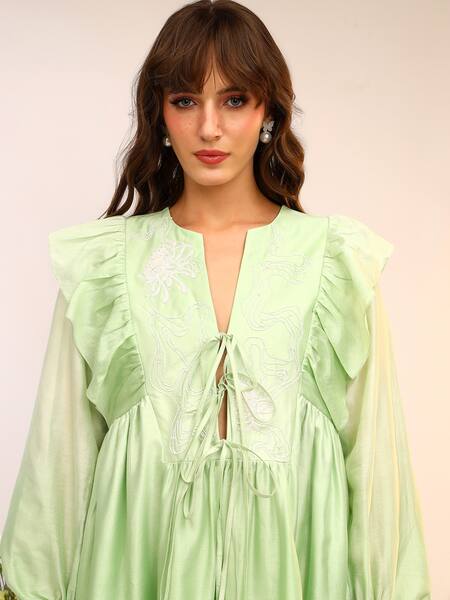 Sakshi Khetterpal_Green Chanderi Silk, Muslin Embroidery V-neck Kiwi Floral Tie Up Dress _Online_at_Aza_Fashions