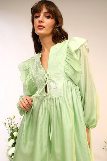 Buy_Sakshi Khetterpal_Green Chanderi Silk, Muslin Embroidery V-neck Kiwi Floral Tie Up Dress _Online_at_Aza_Fashions