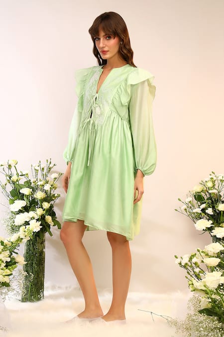 Shop_Sakshi Khetterpal_Green Chanderi Silk, Muslin Embroidery V-neck Kiwi Floral Tie Up Dress _Online_at_Aza_Fashions