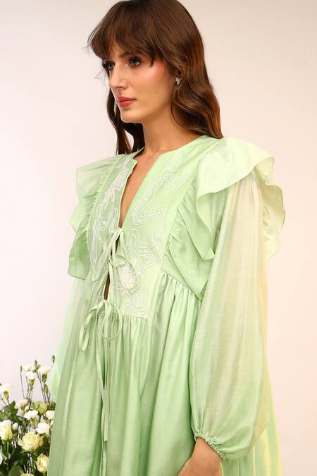 Buy_Sakshi Khetterpal_Green Chanderi Silk, Muslin Embroidery V-neck Kiwi Floral Tie Up Dress 