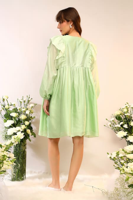 Shop_Sakshi Khetterpal_Green Chanderi Silk, Muslin Embroidery V-neck Kiwi Floral Tie Up Dress _at_Aza_Fashions