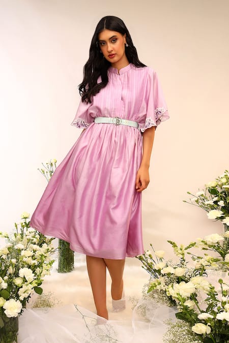 Sakshi Khetterpal_Pink Chanderi Silk Embroidery Frill Yoke Midi Dress _Online_at_Aza_Fashions