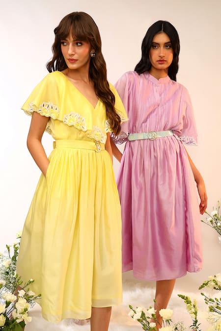 Buy_Sakshi Khetterpal_Pink Chanderi Silk Embroidery Frill Yoke Midi Dress _Online_at_Aza_Fashions