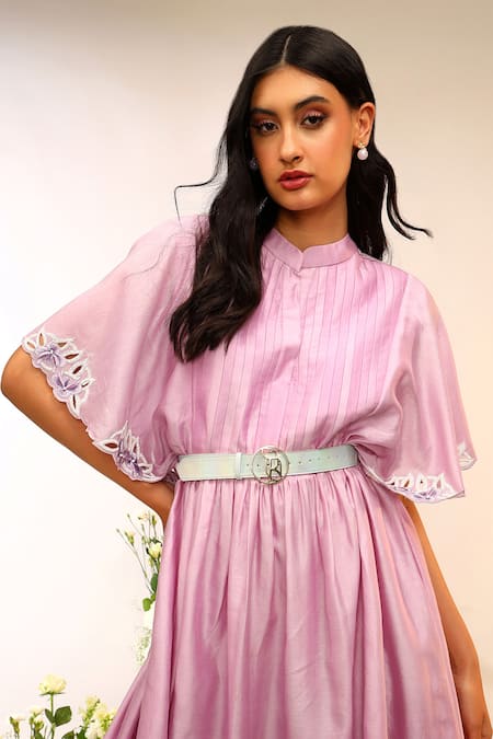 Shop_Sakshi Khetterpal_Pink Chanderi Silk Embroidery Frill Yoke Midi Dress _Online_at_Aza_Fashions
