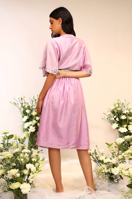 Shop_Sakshi Khetterpal_Pink Chanderi Silk Embroidery Frill Yoke Midi Dress _at_Aza_Fashions
