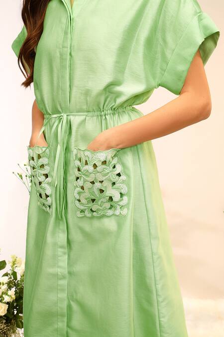 Sakshi Khetterpal_Green Chanderi Silk Embroidery Collared Kiwi Midi Dress With Pockets _Online_at_Aza_Fashions