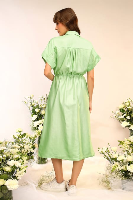 Shop_Sakshi Khetterpal_Green Chanderi Silk Embroidery Collared Kiwi Midi Dress With Pockets _at_Aza_Fashions
