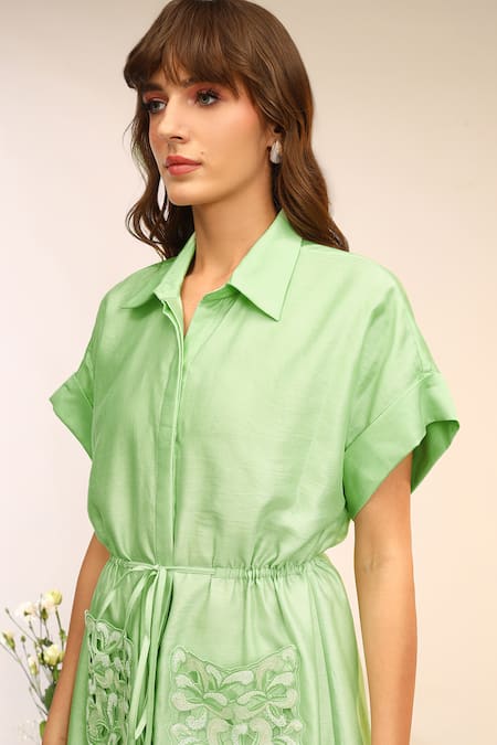 Buy_Sakshi Khetterpal_Green Chanderi Silk Embroidery Collared Kiwi Midi Dress With Pockets _Online_at_Aza_Fashions