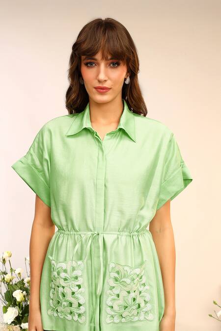 Shop_Sakshi Khetterpal_Green Chanderi Silk Embroidery Collared Kiwi Midi Dress With Pockets _Online_at_Aza_Fashions