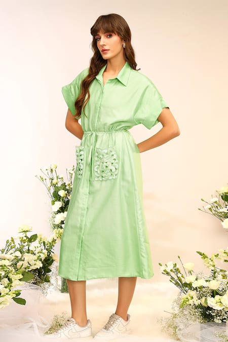 Sakshi Khetterpal_Green Chanderi Silk Embroidery Collared Kiwi Midi Dress With Pockets _at_Aza_Fashions