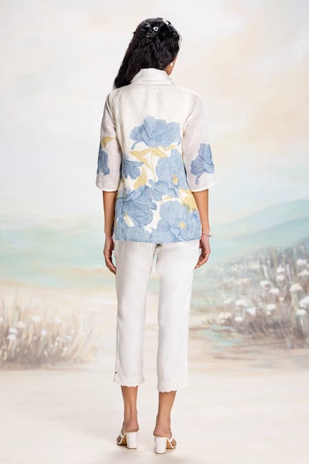 Shop Kaveri Off White Linen Shawl Neck Cascading Collar Jacket Pant Set at Aza Fashions Shop_Kaveri_Off White Linen Shawl Neck Cascading Collar Jacket Pant Set _at_Aza_Fashions