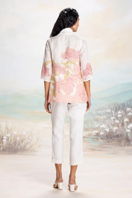 Shop Kaveri Off White Linen Shawl Neck Abstract Floral Jacket Top And Pant Set at Aza Fashions Shop_Kaveri_Off White Linen Shawl Neck Abstract Floral Jacket Top And Pant Set _at_Aza_Fashions