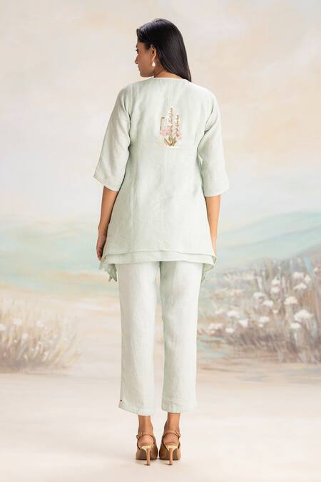 Shop Kaveri Green Linen Embroidery, Zari V-neck Floral Top And Pant Set at Aza Fashions Shop_Kaveri_Green Linen Embroidery, Zari V-neck Floral Top And Pant Set _at_Aza_Fashions