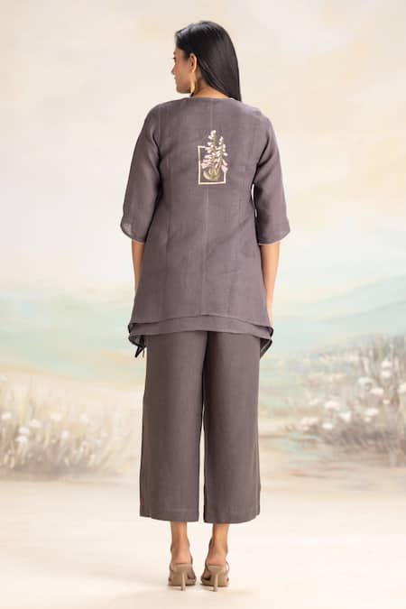 Shop Kaveri Gray Linen Embroidery V-neck Iron Top And Pant Set at Aza Fashions Shop_Kaveri_Gray Linen Embroidery V-neck Iron Top And Pant Set _at_Aza_Fashions
