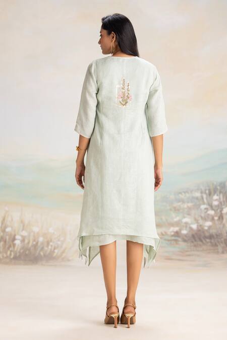 Shop Kaveri Multi Color Linen Embroidery V-neck Fit And Flare Dress at Aza Fashions Shop_Kaveri_Multi Color Linen Embroidery V-neck Fit And Flare Dress _at_Aza_Fashions