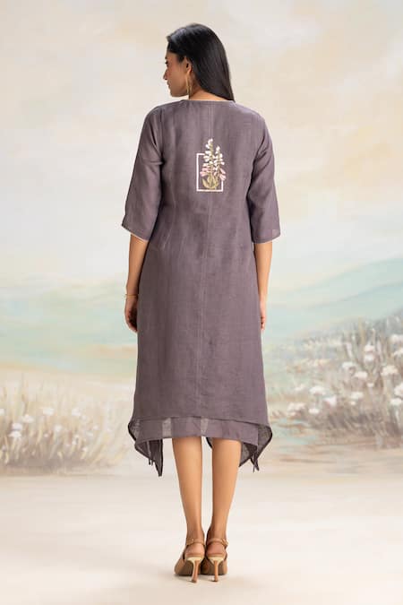 Shop Kaveri Gray Linen Embroidery V-neck Iron Fit And Flare Midi Dress at Aza Fashions Shop_Kaveri_Gray Linen Embroidery V-neck Iron Fit And Flare Midi Dress _at_Aza_Fashions