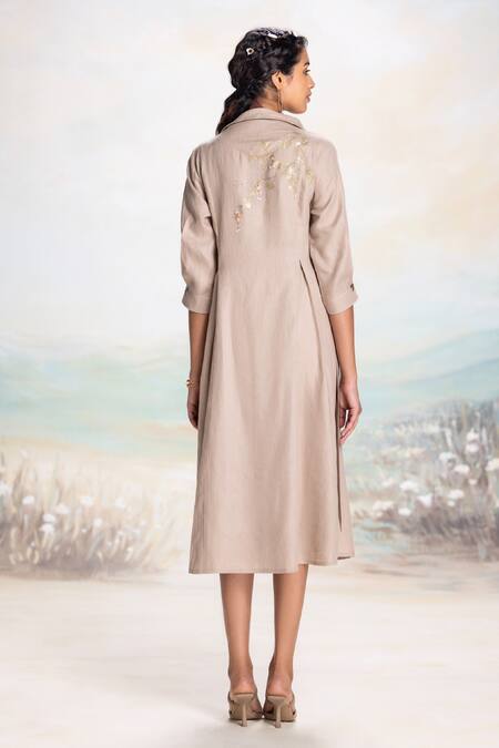Kaveri Beige Linen Embroidery, Applique High Neck High-collared Dress With Online at Aza Fashions Kaveri_Beige Linen Embroidery, Applique High Neck High-collared Dress With _Online_at_Aza_Fashions