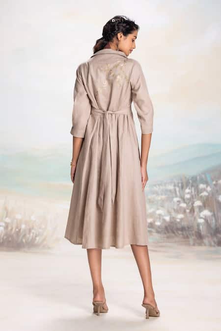 Shop Kaveri Beige Linen Embroidery, Applique High Neck High-collared Dress With at Aza Fashions Shop_Kaveri_Beige Linen Embroidery, Applique High Neck High-collared Dress With _at_Aza_Fashions