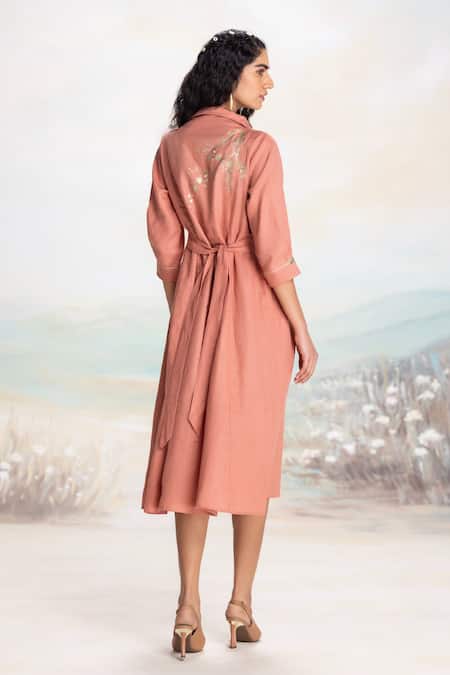 Shop Kaveri Peach Linen Embroidery, Applique Collared Midi Dress at Aza Fashions Shop_Kaveri_Peach Linen Embroidery, Applique Collared Midi Dress _at_Aza_Fashions