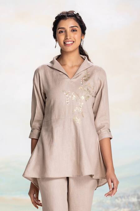 Kaveri Beige Linen Embroidery, Applique Collared Cement Top And Pant Set Online at Aza Fashions Kaveri_Beige Linen Embroidery, Applique Collared Cement Top And Pant Set _Online_at_Aza_Fashions