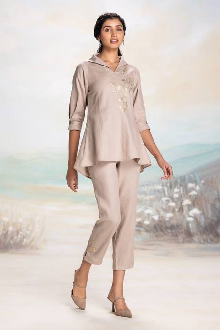 Buy Kaveri Beige Linen Embroidery, Applique Collared Cement Top And Pant Set Online at Aza Fashions Buy_Kaveri_Beige Linen Embroidery, Applique Collared Cement Top And Pant Set _Online_at_Aza_Fashions
